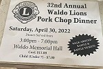 The 32nd Annual Waldo Lions Pork Chop Dinner signage.